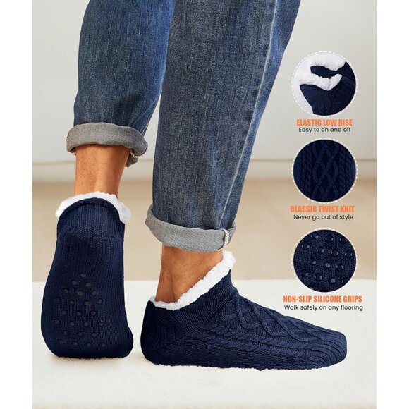 Men's Slipper Blue Socks with Grippers Fuzzy Thermal Winter Non-Slip Cozy Fleece - Picture 4 of 6